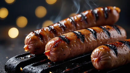 Caramelized sausage with glistening grill marks. Soft bokeh lighting highlights juiciness. Perfect for food magazine features.