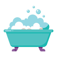 Bathtub Filled with Bubbles, Teal Tub with Purple Feet, White Background, Isolated