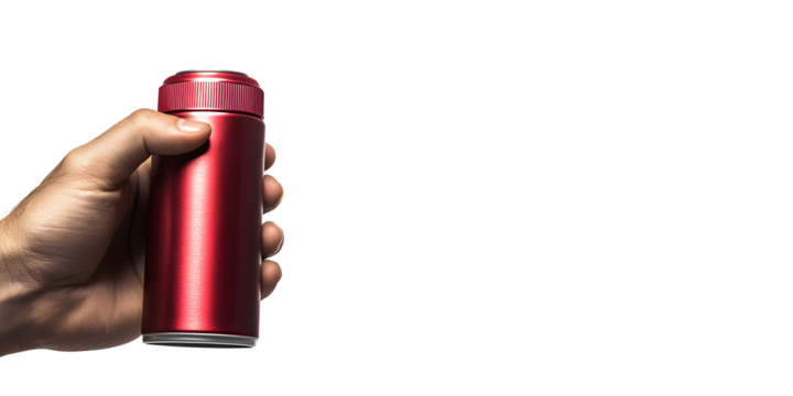 A red metallic bottle held by a hand in a dark background with empty space