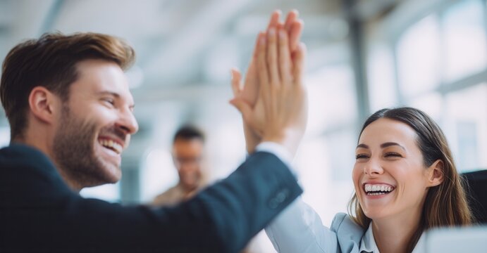 Two smiling colleagues celebrate a successful collaboration with a high-five in their modern office, demonstrating teamwork and achievement.