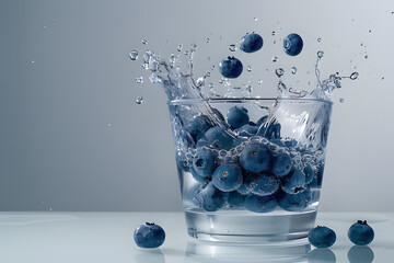 Splashing Glass of Fresh Blueberries in Water on Light Background