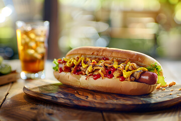 Classic Hot Dog with Mustard, Ketchup, and Onions on Wooden Board Outdoors