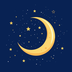 Naklejka premium A crescent moon shines amidst stars and white dots against a dark blue background