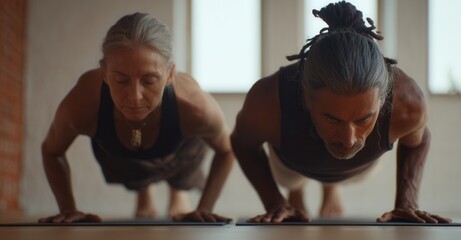 Mature couple doing push-ups on mats indoors. They are in sync with the exercise, showcasing dedication to physical fitness and wellbeing.