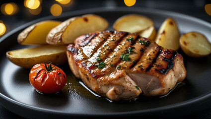 Perfectly grilled chicken with visible char marks and glossy glaze. Rustic potato wedges complete the dish. Ideal for gourmet restaurant promotions.