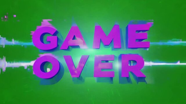 Game over text in bold pink and purple style on green background used in gaming visuals or end message for digital entertainment content