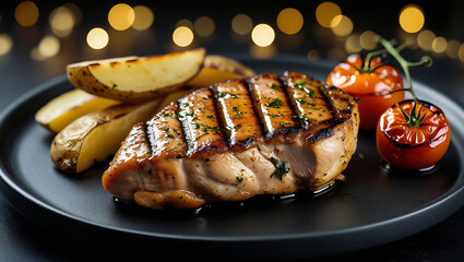 Top view of chicken steak on black ceramic plate. Thick-cut potatoes and roasted tomato. Warm bokeh background. Ideal for culinary portfolios.