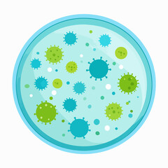 A petri dish filled with teal and green coronaviruslike structures and dots in a clear gellike medium enclosed by a blue rim