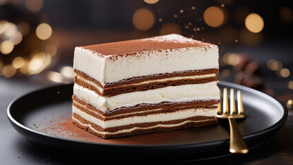Classic tiramisu slice in moody café lighting. Soft bokeh enhances indulgent texture. Ideal for high-end restaurant promotions.