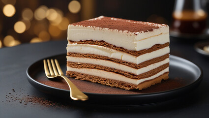 Velvety tiramisu with cocoa dusting on matte black plate. Gold fork adds luxury contrast. Perfect for dessert focused content.