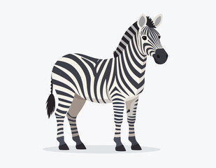 Fototapeta premium A zebra stands on a light gray surface its black and white striped body and tail clearly displayed against a white background
