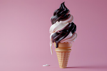 Swirl Chocolate and Vanilla Ice Cream Cone with Melting Drizzle on Light Pink Background