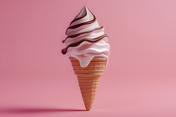 Vanilla Soft Serve Ice Cream Cone with Chocolate Drizzle on Pastel Pink Background