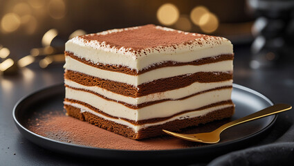 Decadent tiramisu showcasing clean layers of coffee-soaked ladyfingers. Moody golden bokeh backdrop. Ideal for gourmet café branding.