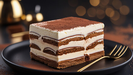 Top view of tiramisu slice with espresso layers and mascarpone cream on black plate. Cocoa dust and gold fork accent. Perfect for upscale dessert menus.