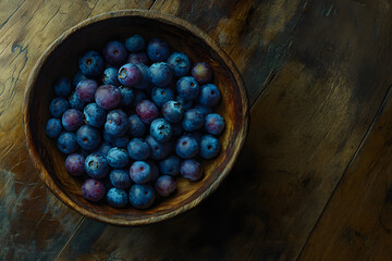 High-Angle Close-Up of Hand-Carved Wooden Bowl Filled with Fresh Blueberries on Dark Wooden Surface
