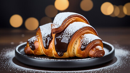 Artisanal croissant on black ceramic dish. Chocolate drizzle and sugar dusting. Moody bokeh background. Ideal for luxury bakery content.

