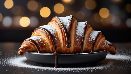 Buttery French croissant with glossy chocolate drizzle. Matte plate contrasts flaky texture. Ideal for gourmet pastry promotions.