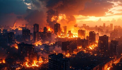 Obraz premium Destructive Flames Engulf A City Under A Fiery Sunset Orange Red Hues and Smoking Buildings