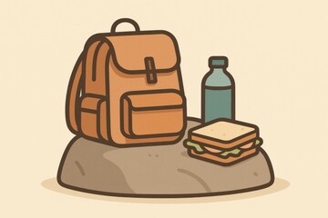 Illustration of an orange backpack with water bottle and sandwich placed on a rock, ideal for hiking or outdoor lunch scenes.