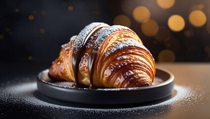 Flaky chocolate drizzled croissant on black dish. Powdered sugar dusting highlights golden layers. Warm café bokeh backdrop. Perfect for bakery branding.