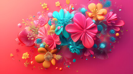 Digital Art of Cheerful Pink, Yellow and Blue Flowers on a pink background.