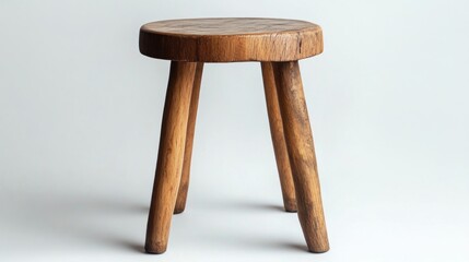 Wooden stool with three legs on white background, minimalist and rustic design