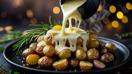 Golden raclette cascading over roasted potatoes. Pickled onions and rosemary add brightness. Perfect for gourmet comfort food content.