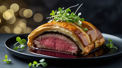 Perfectly cooked Beef Wellington with flaky crust. Dark backdrop highlights golden pastry. Perfect for culinary magazines.