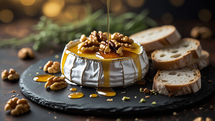 Gooey Brie wheel with honey and walnuts. Rustic presentation on slate. Soft herb bokeh creates cozy vibe. Ideal for food blogs.