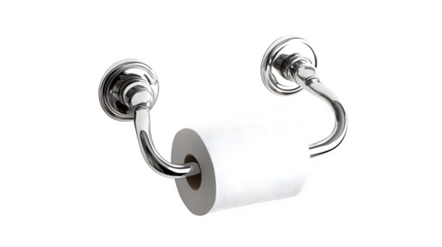 A detailed depiction of one standard wall-mounted toilet paper holder (chrome finish) with a rotating arm, isolated on Transparent background.