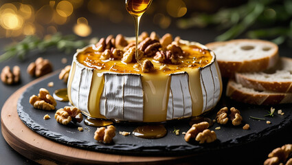 Melted Brie cheese topped with golden honey drizzle. Toasted walnuts add crunch. Ideal for wine pairing content