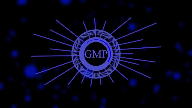 Animated gmp circle with glowing blue lights on black background