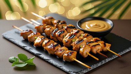 Juicy grilled chicken satay on slate board with peanut sauce. Golden tropical bokeh backdrop. Perfect for Southeast Asian restaurant menus.