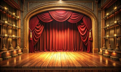 Elegant theater stage with rich red curtains and wooden flooring illuminated by soft light