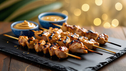 Premium chicken skewers with rich peanut dip. Artisan slate presentation. Ideal for gourmet street food promotions.