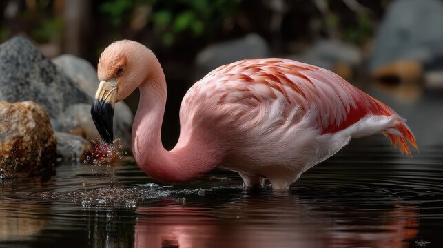 A graceful flamingo floats on tranquil water with soft ripples, surrounded by lush foliage and a cascading natural waterfall.