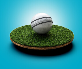 3D White Leather ODI Cricket Ball With Green Grass Ground Field On Blue Background 3D Illustration