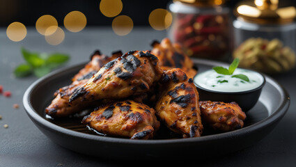 Grilled chicken tikka pieces with smoky edges. Creamy mint dip complements spices. Ideal for gourmet Indian cuisine promotions