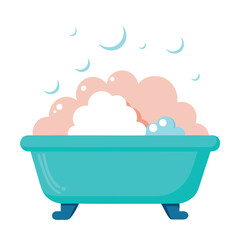 Cartoon Bathtub Clipart, Pink Bubbles, Turquoise Tub, Cleanliness, Isolated, White BG
