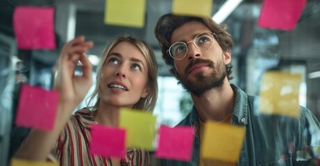 Team brainstorming ideas on sticky notes pasted to glass board. Two young professionals collaborating on a project at the office.