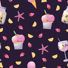 Bright summer vector seamless pattern with ice cream, cocktails, lemonade, starfish, lemons and strawberries on a dark background. Fabric textile design element.