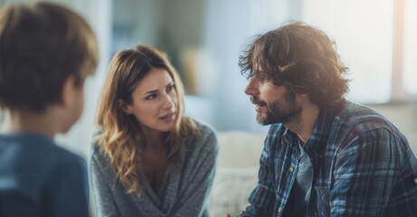 Family discussion: Father and mother talking to child in living room. Candid moment. Communication and understanding are vital for families.