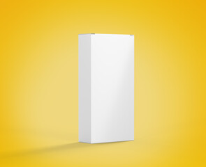 Empty White Rectangular Cardboard Box Mock Up Standing Vertical On Yellow Background 3D Illustration