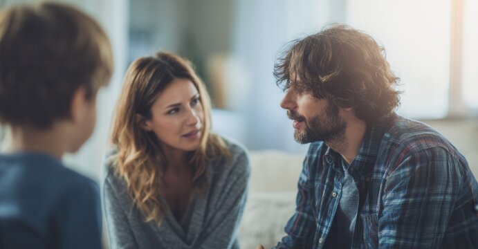 Family discussion: Father and mother talking to child in living room. Candid moment. Communication and understanding are vital for families. - Powered by Adobe