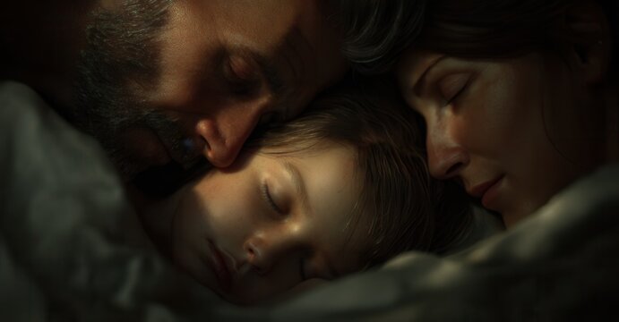 Family embrace: A parent, child, and mother rest together in a tender sleep, heads touching in a loving display of family closeness.