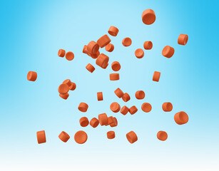 Orange Plastic Pellets Or PVC Polymer Beads Flying In The Air On Blue Background 3d Illustration