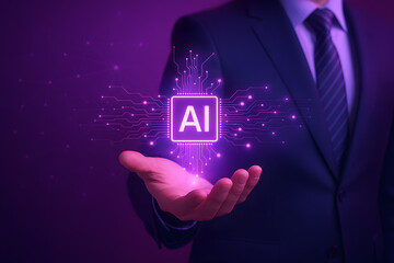 Businessman Holding Glowing AI Chip Representing Artificial Intelligence, Digital Innovation and Data Processing
