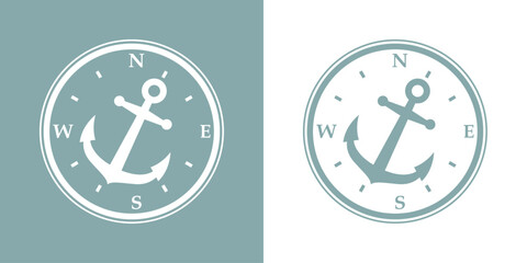 Logo nautical. Silueta de ancla de barco en Rosa de los Vientos. Brújula con ancla © teracreonte