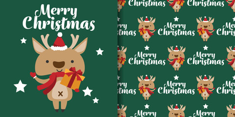 Fototapeta premium Christmas holidays banner and seamless pattern of cute reindeer wearing red scarf and Santa hat holding gift box, stars and Merry Christmas text on green background.